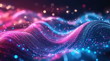 Colorful abstract waves with glowing particles in motion