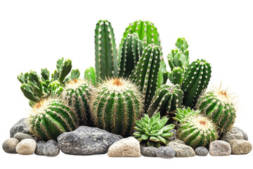 Cactus arrangement with succulent and rocks, cut out transparent