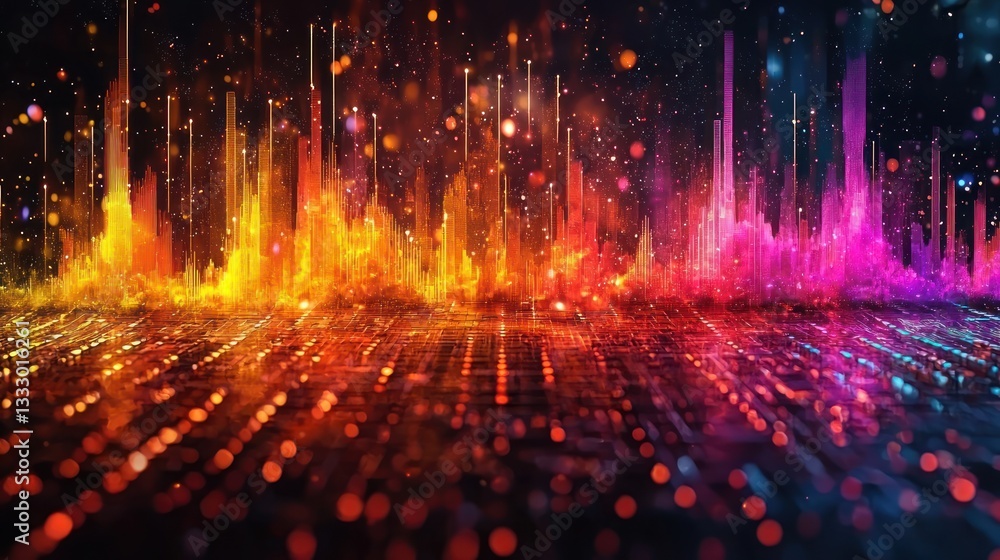 Poster luminous digital skyline: abstract visualization of data in vibrant colors