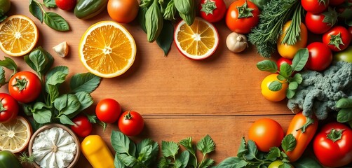 Vibrant fresh ingredients form a border, top-down view,  uncooked, colorful