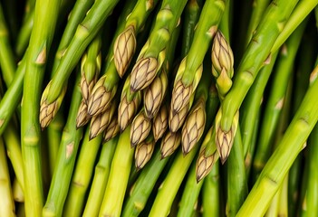 Fototapeta premium Vibrant green asparagus spears, tightly clustered, showcasing texture and detail, bright, raw