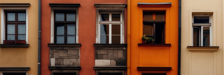 Obraz premium A visually striking arrangement of colorful urban facades showcasing charming windows adorned with vibrant flowers, representing urban life’s beauty and diversity.