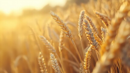 Fototapeta premium Golden Wheat Field at Sunset: Close-Up View of Ripe Stalks in Warm Sunlight
