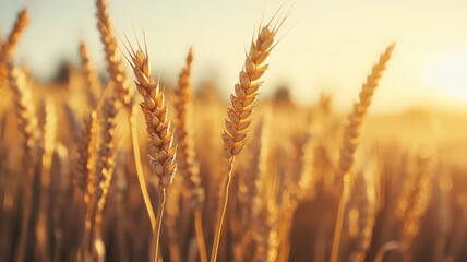 Fototapeta premium Golden Wheat Field at Sunset: Ripe Grain in Warm Light