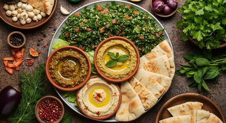 Delicious middle eastern food platter with hummus baba ghanoush tabbouleh dip oil pita meal arab mint