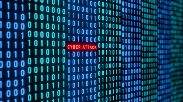 Cyber attack warning sign, binary code with red signal, cyber crime. Damaged, malfunction, system hacked, problems, bit, byte, viurs, error, system failure. 3D animation