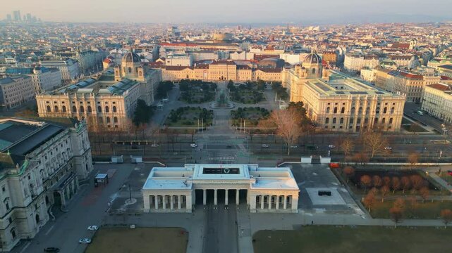 Vienna Heldenplatz aerial view during sunrise with MuseumsQuartier and Hofburg Palace