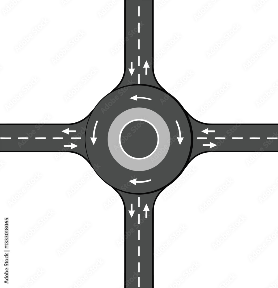 Poster circular intersection layout with multiple lanes and arrows in flat design style showcasing traffic 