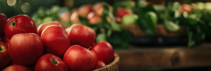 A vibrant pile of fresh red apples showcases nature's bounty, representing abundance, health, and the joy of shopping in a farmers' market filled with organic produce.