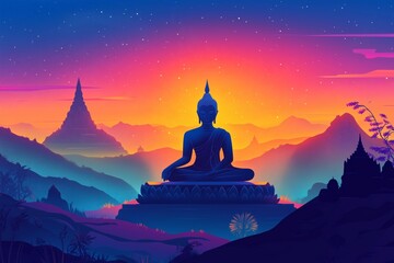 A vibrant cartoon illustration of a peaceful Buddha silhouette meditating, capturing the essence of Makha Bucha Day