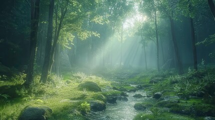 Obraz premium Serene stream flowing through lush forest nature photography tranquil environment sunlit viewpoint