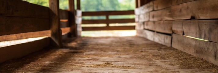 The image depicts the quiet interior of a horse stable, characterized by wooden walls and scattered straw, embodying a serene rural environment and the bond between animals and humans.