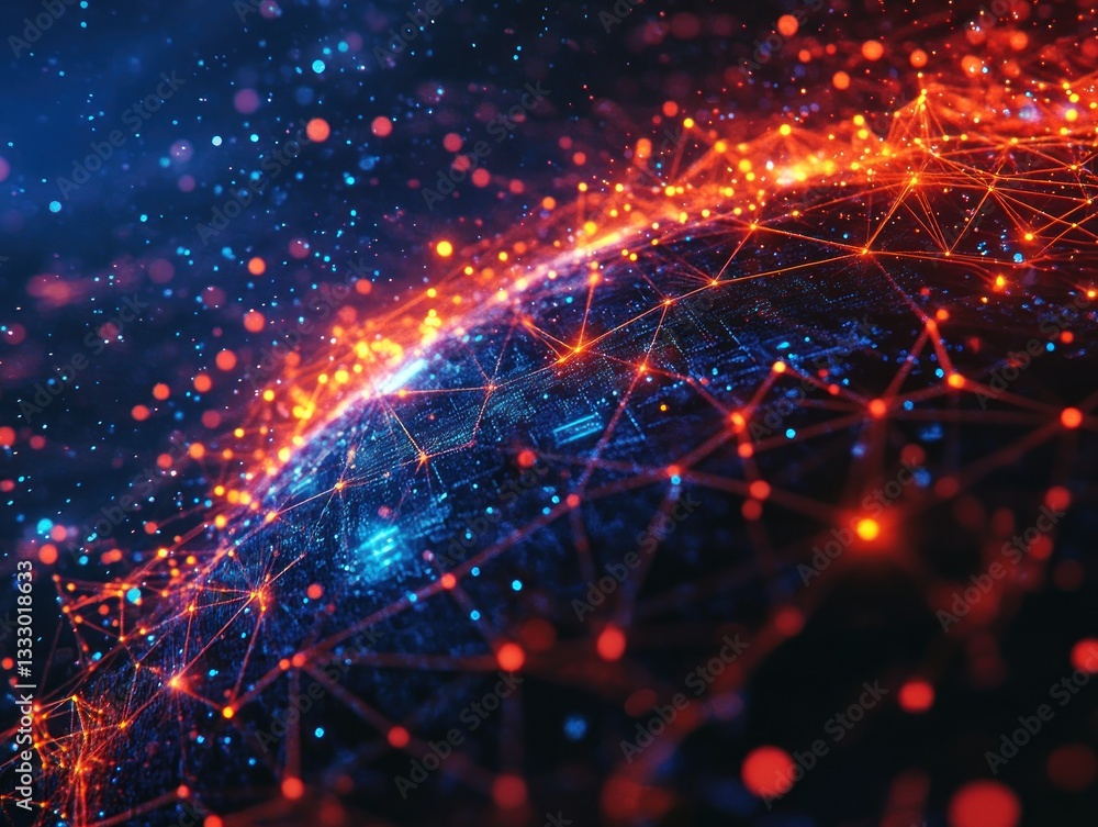 Poster a vibrant digital representation of a global network, showcasing interconnected nodes and glowing li
