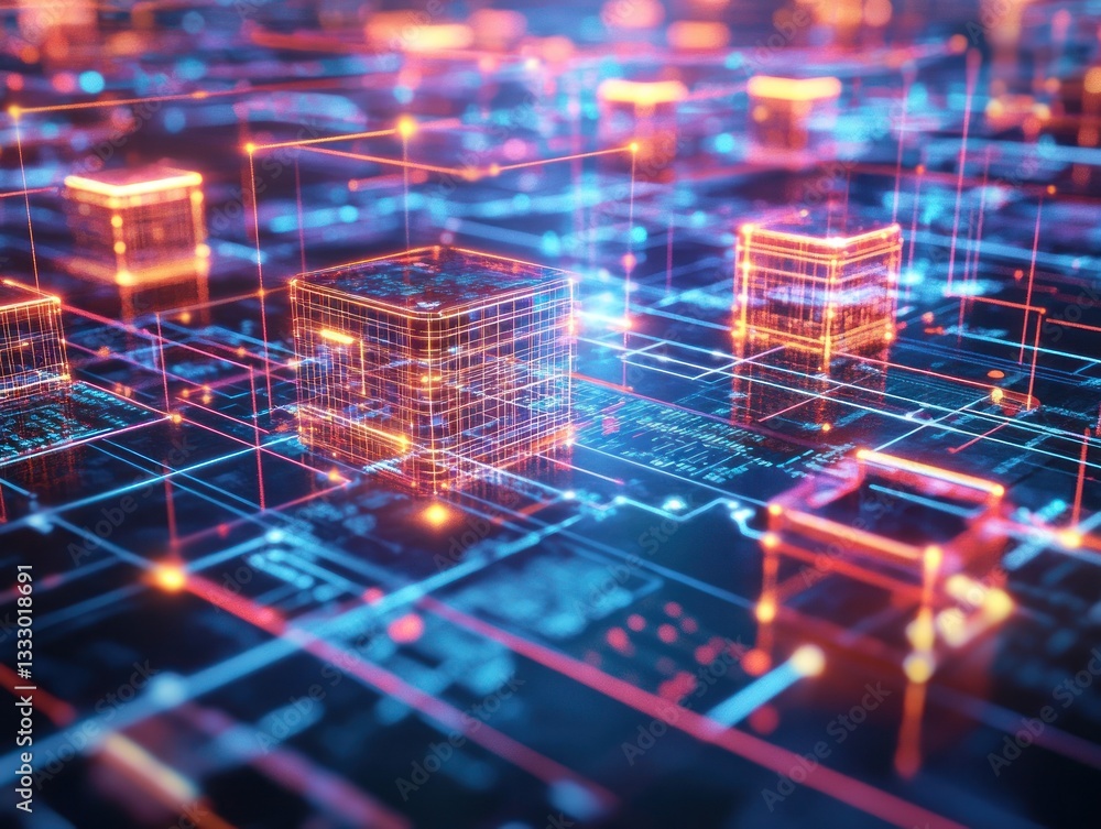 Poster abstract representation of interconnected digital circuits and data blocks, showcasing technology an