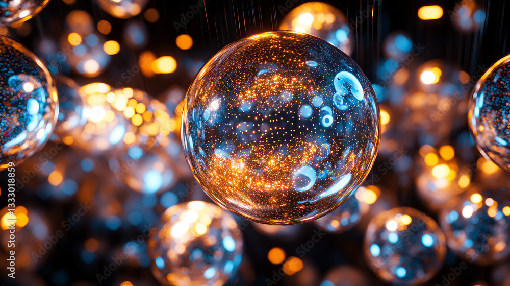 Poster geometry grid 3d sphere with light dots, atom orb, science chart of particles or virtual reality bal