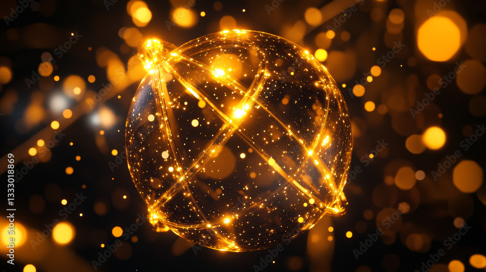 Poster geometry grid 3d sphere with light dots, atom orb, science chart of particles or virtual reality bal