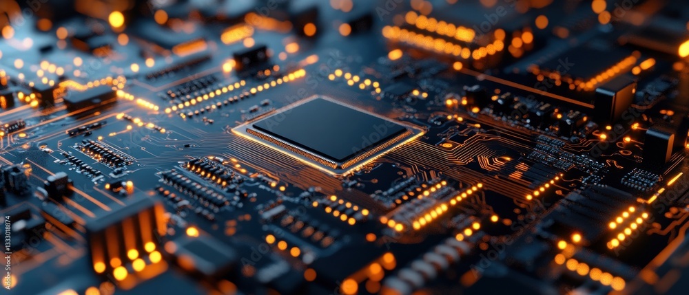 Poster close-up view of a modern circuit board with glowing components and intricate pathways, showcasing t