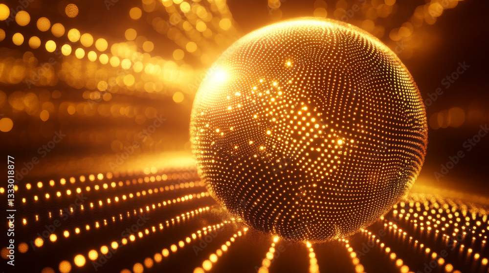 Poster geometry grid 3d sphere with light dots, atom orb, science chart of particles or virtual reality bal