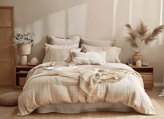 Modern bedroom interior with a bed, nightstand, and lamp. Minimalist home design of a living room in beige color tones. Scandinavian-style bedroom with wooden furniture.  with 2/3 space for text.