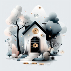 Serene cottage retreat surrounded by nature digital art soft colors tranquil setting isometric perspective