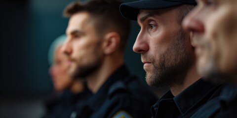 Fototapeta premium A row of police officers dressed in uniform portray a serious demeanor, highlighting professionalism, duty, and the commitment to public safety and community service.