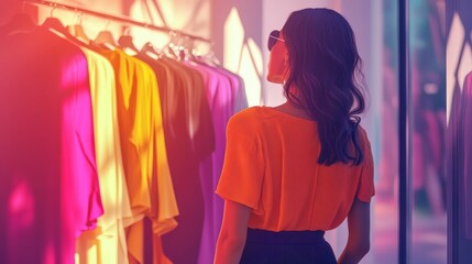Fototapeta premium Woman shopping looking at colorful clothes.