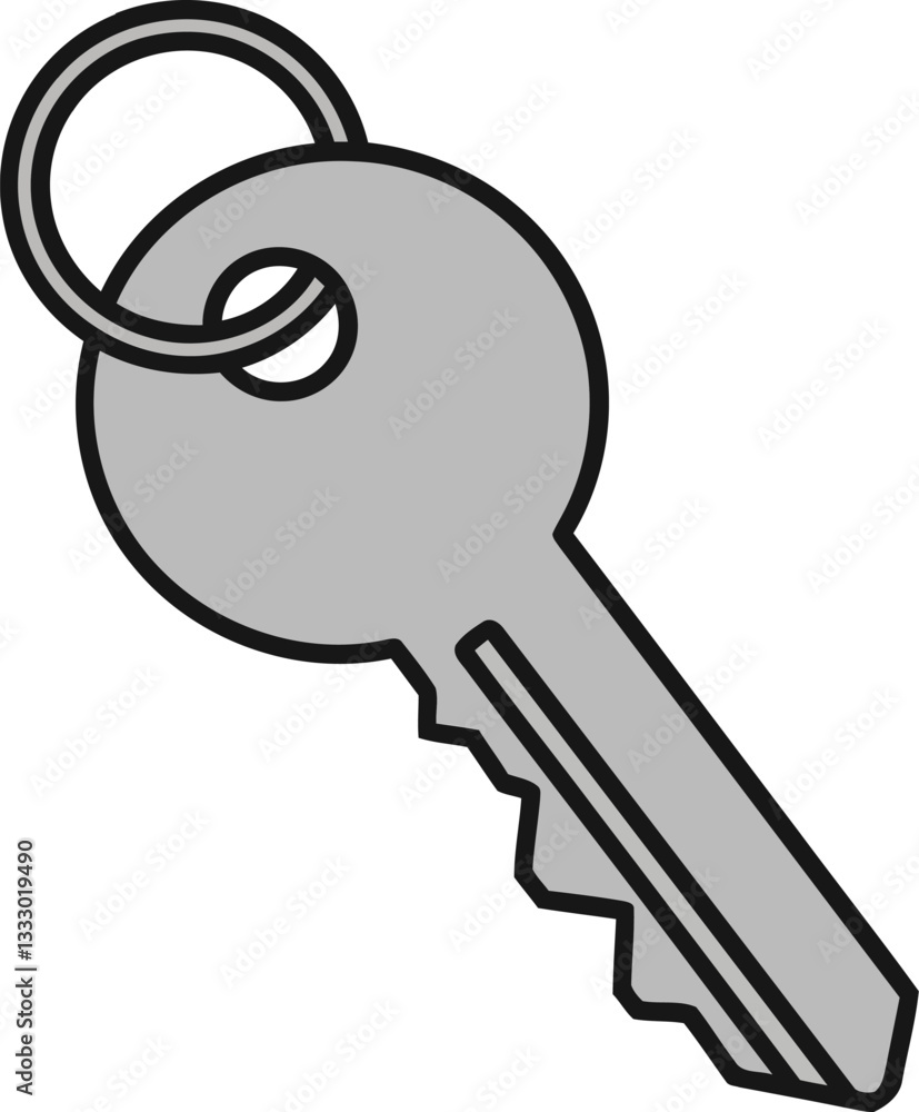 Poster a simple grey key hanging on a circular ring in a minimalistic flat vector art style