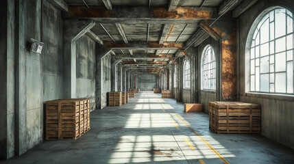 Deserted warehouse with wooden crates and scattered boxes  
