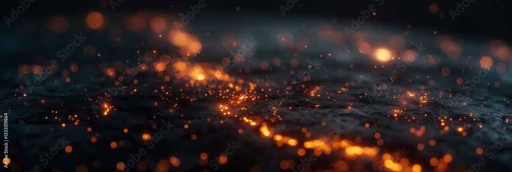 Poster an abstract and artistic view of shimmering particles on a dark surface, creating a mesmerizing visu