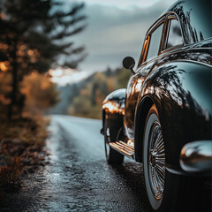 Classic car drive on rainy road serene landscape photography calm environment close-up view timeless adventure