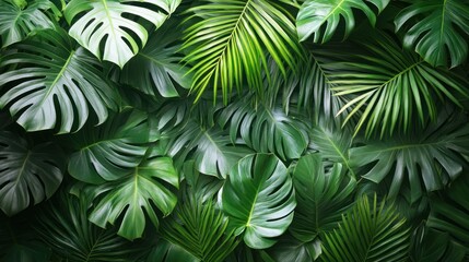 Tropical leaves background, lush foliage, vibrant green, nature backdrop, elegant design, ideal for wallpapers, posters, and web design