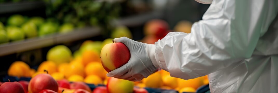 A person wearing gloves inspects a vibrant red apple in a grocery store, highlighting the importance of quality control in food selection and freshness in retail.