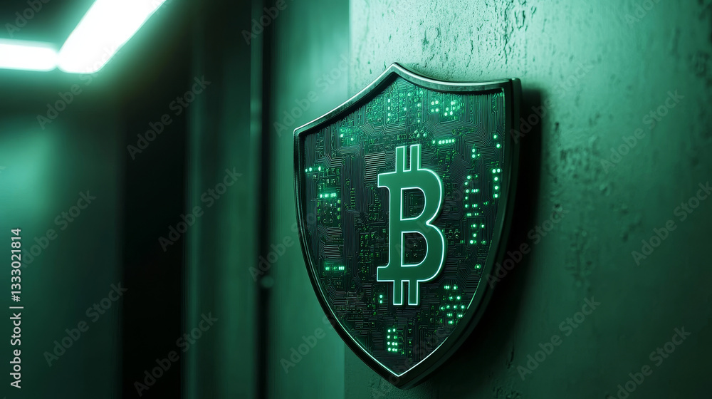 Poster bitcoin digital currency symbol on shield with electronic circuit, representing secure cryptocurrenc