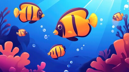 Naklejka premium Vibrant underwater landscape featuring cartoon fish and coral reef depiction