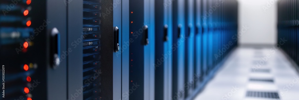 Poster an interior shot of a modern data center showcasing rows of servers with illuminated indicators, sym