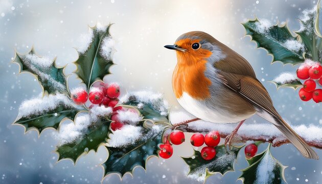 robin bird on a snowy winter holly branch with red berries painting - Powered by Adobe