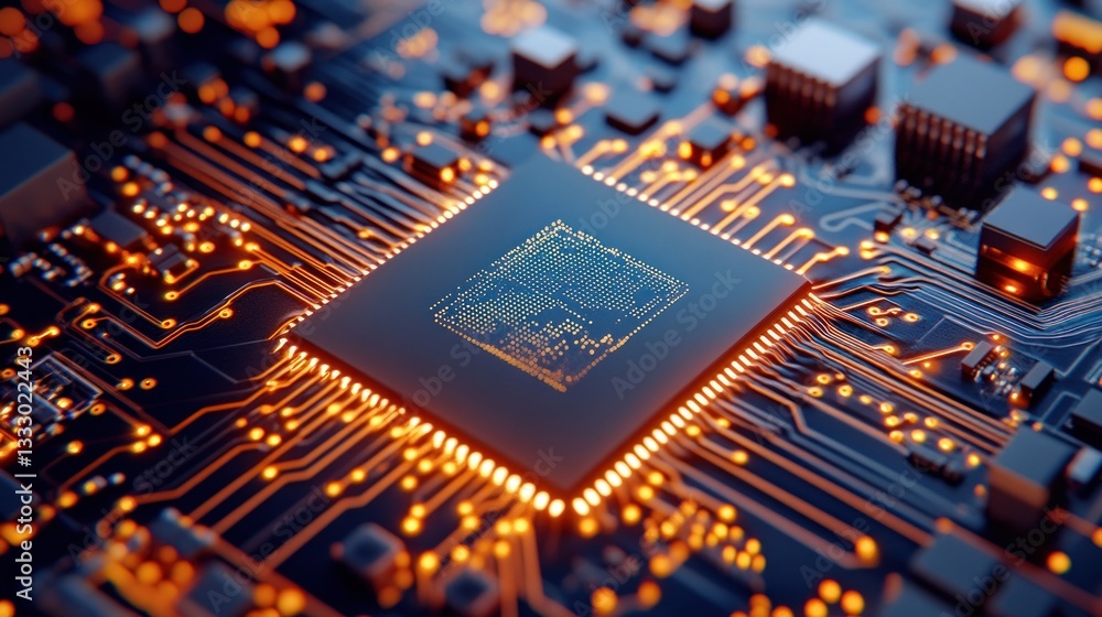 Aufkleber close-up view of a modern microchip on a circuit board, showcasing intricate details and glowing con