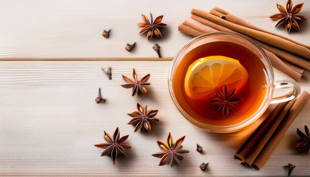 hot christmas tea with spices cinnamon cloves and star anise on a light wooden background