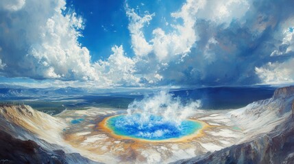 Eruption of grand prismatic spring yellowstone national park nature scene vibrant landscape aerial view geothermal wonder