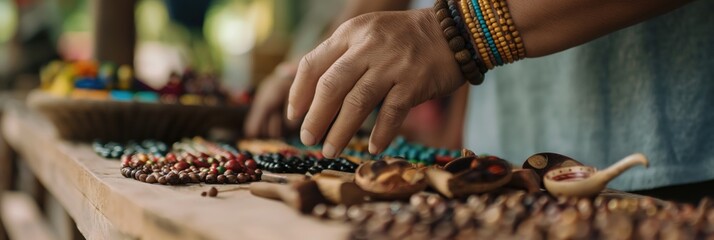 A skilled artisan meticulously arranging an array of vibrant beads, showcasing the intricate beauty and creativity of traditional craftsmanship in a rustic setting.