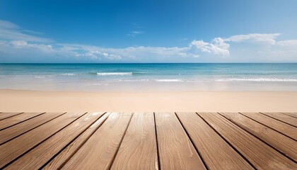 Fototapeta premium wooden floor or plank on sand beach in summer for product display calm sea and blue sky background