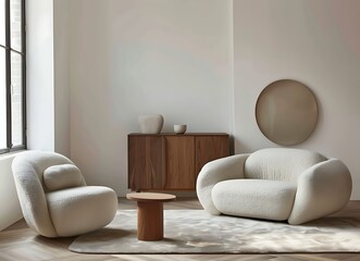 Modern living room interior with two sofas, white walls, and a wooden floor. This  was the winner of a contest, and it is a high-resolution image that would make a large, impressive canvas print. 