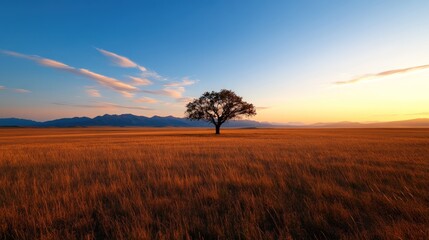 Fototapeta premium Solitary tree in golden field at sunrise
