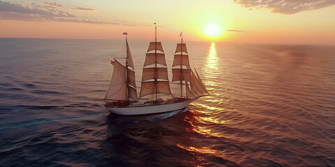 Fototapeta premium Tall Ship with Billowing Sails Gliding Across Calm Sunset Waters 