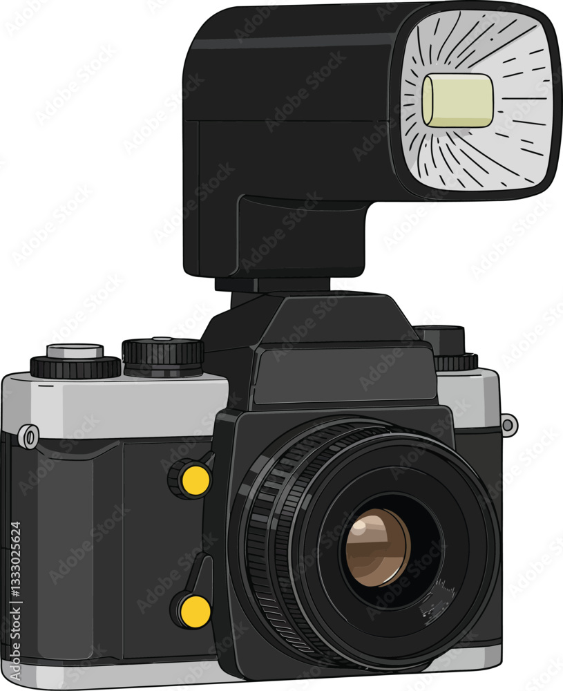Poster classic digital camera with external flash in a minimal flat design style showcasing photography equ
