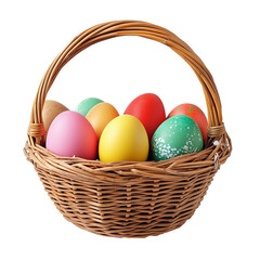 Multicolored eggs for Easter holiday in wicker basket on white background