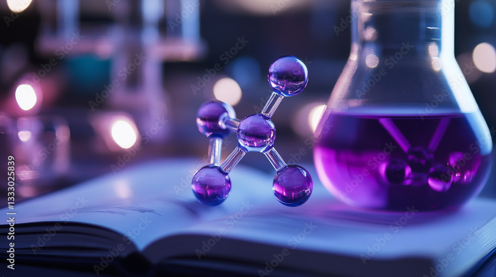 Poster isometric view of an open book with a molecular model placed on top of it, next to a beaker containi