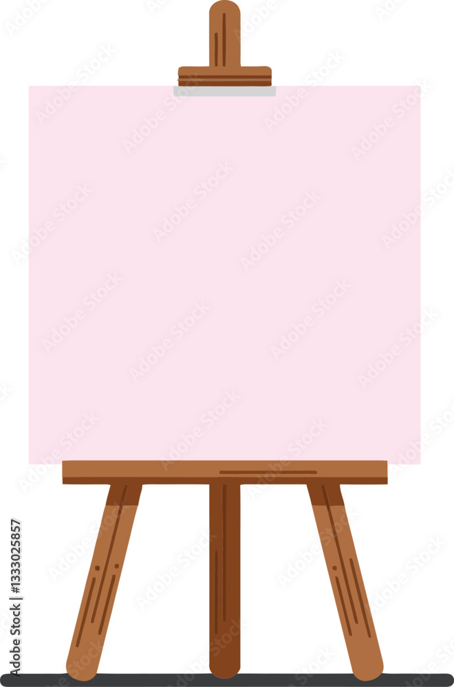 Poster blank easel with wooden frame showcasing a large empty canvas in a minimal flat design style for cre