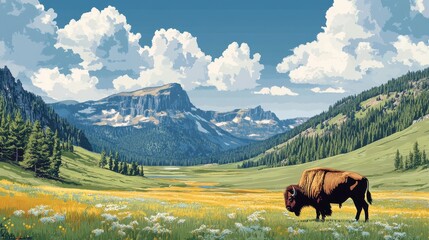 Obraz premium Buffalo grazing in scenic mountain valley nature landscape vibrant colors peaceful environment wide view
