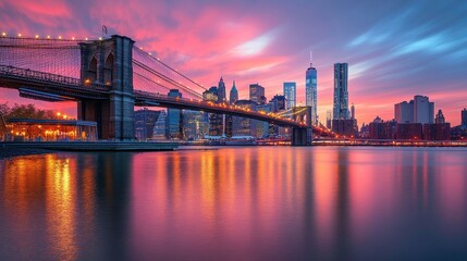 Stunning sunset over brooklyn bridge city urban landscape vibrant colors scenic view city life